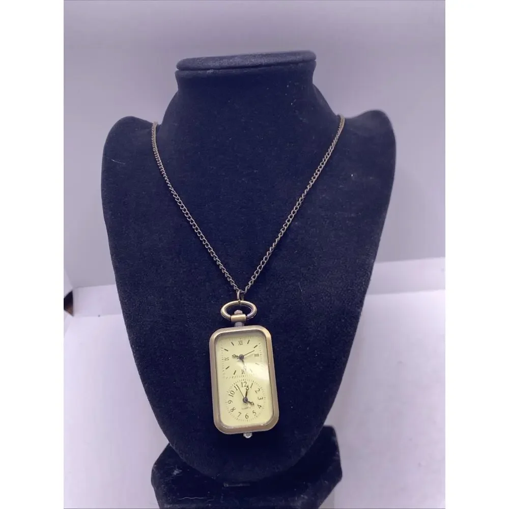 Brass Twotime Dual Time Pocket Watch Necklace Works New Battery
